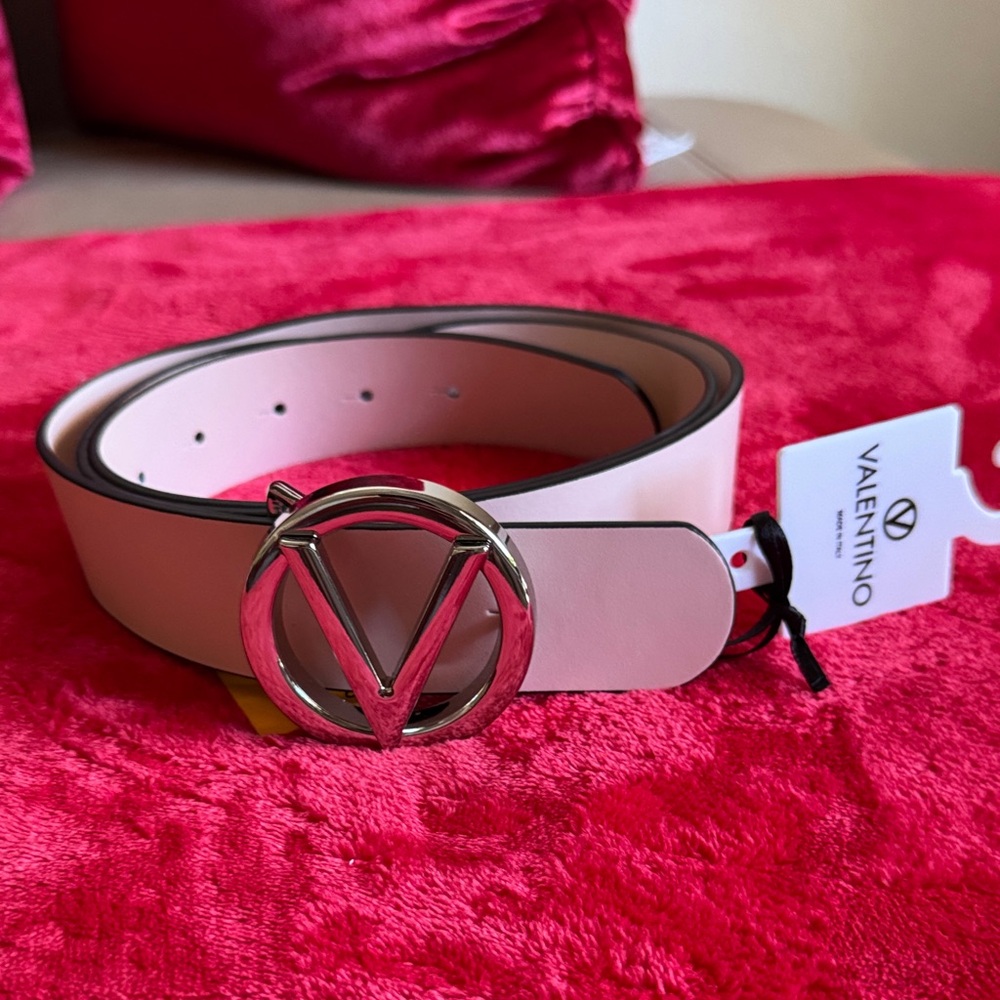 Valentino Blush Leather Belt with Silver Buckle